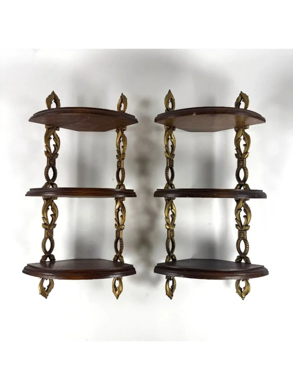 2 Vintage Sexton 3 Tier Corner Hanging Shelves Ornate Metal Wood Wall Display